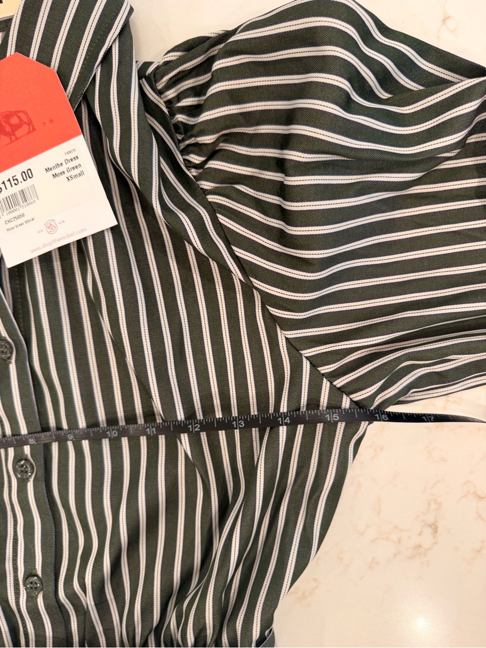 NWT FRNCH Paris Menthe Dress XS Moss Green Striped Button Front Tie Waist Midi - Picture 6 of 8